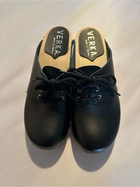 Verka Black Leather Lace-Up Clog Mules